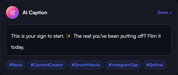 AI Caption Writer composing a Reel caption with hashtags