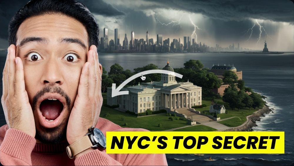 A finished thumbnail built by vidIQ - a reacting face, a bold yellow title bar reading NYC's Top Secret, and an arrow pointing at the subject